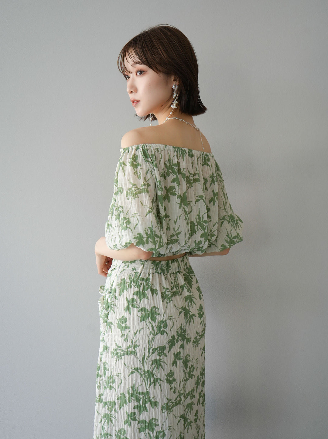 [Pre-order] Washer waist design flower pattern skirt/green