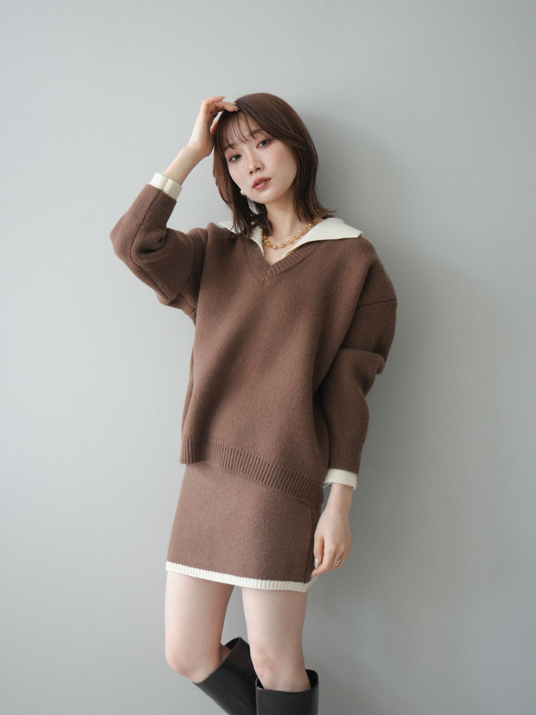 [SET]配色襟ニット＆ミニスカートSET UP(2set)