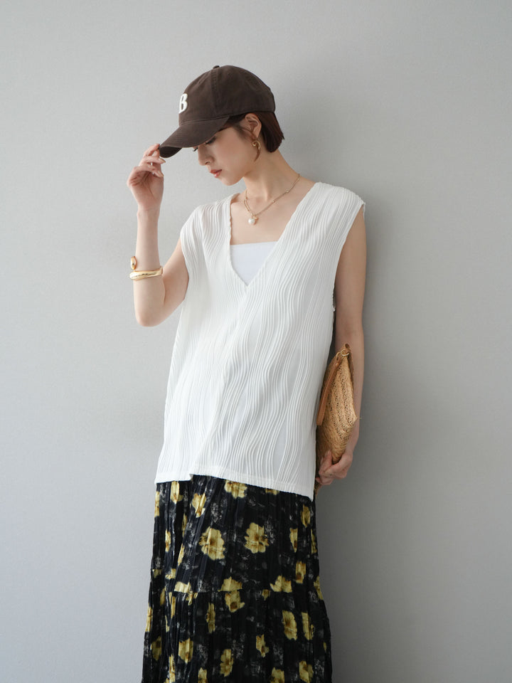 [SET]ウェーブパイピングVネックベスト+フラワーワッシャーロングスカート(2set)