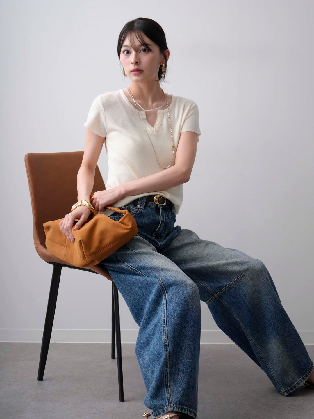 [SET]チュールレーヤードヘンリーフレンチニットトップス+立体カーブデニムパンツ(2set)