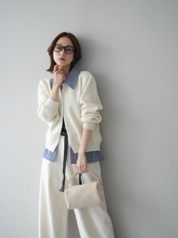 [SET]チェックシャツ襟ニットカーディガン+編み込みベルト付きウエスト配色スエットパンツ(2set)