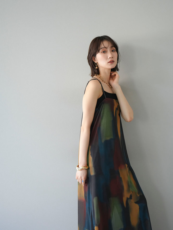 [SET]水彩アートシアーキャミワンピース+カップ付きバッククロスキャミソール(2set)