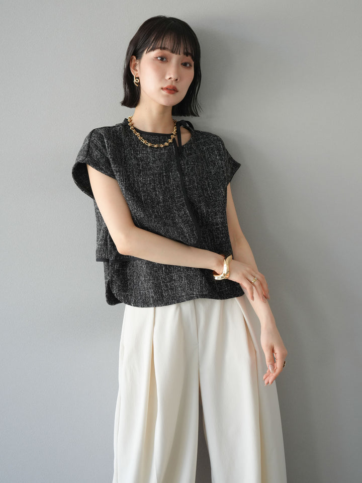 [SET]サマーツイードケープデザインプルオーバー+クレープシフォンタックワイドパンツ(2set)