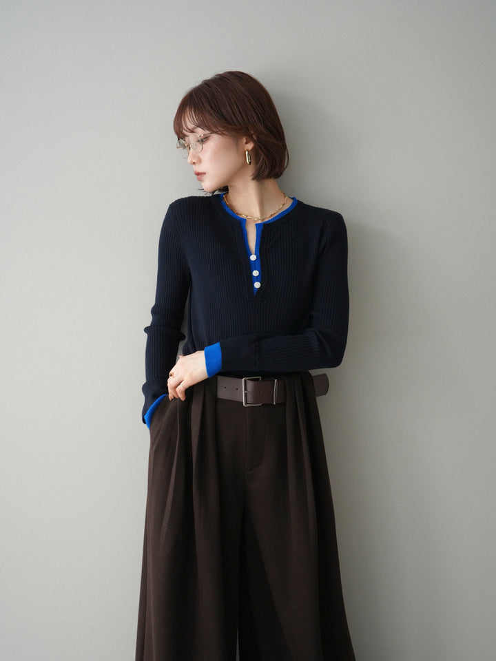 [予約]バイカラーキーネックリブニットトップス/blue