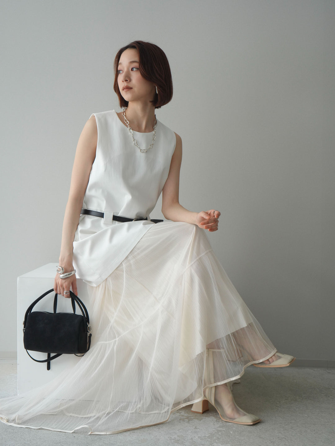 [SET]ベルト付リネンライクノースリチュニック+選べるアクセセット(2set)