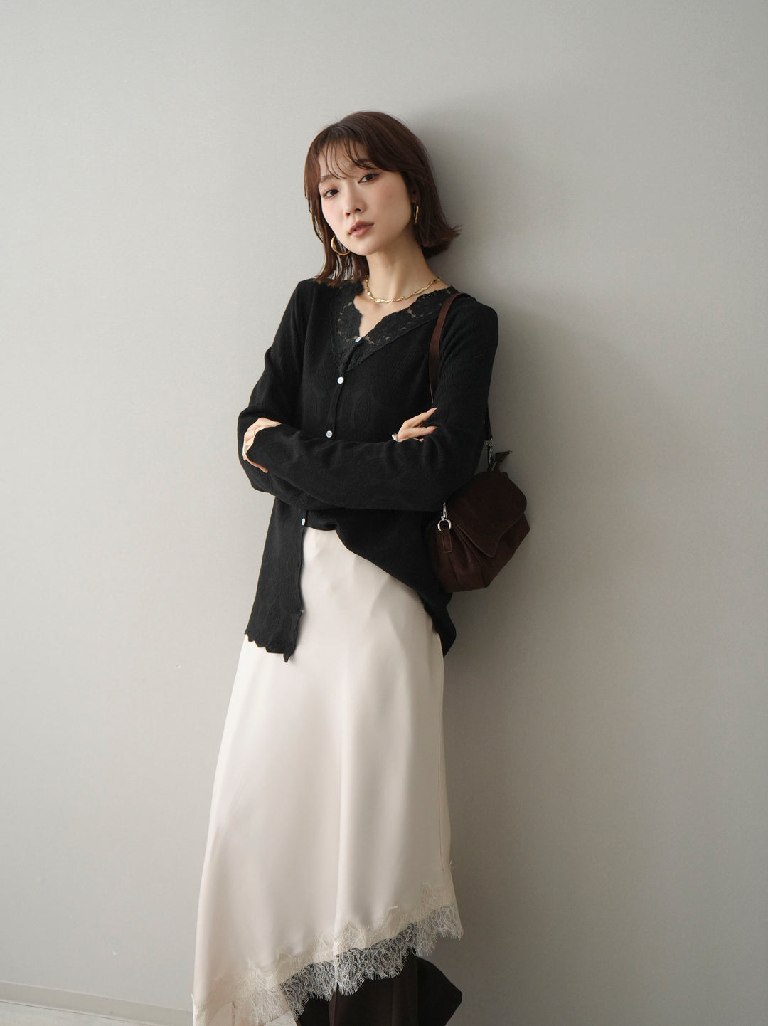 [SET]レースネックジャガードニットカーディガン+選べるアクセセット(2set)