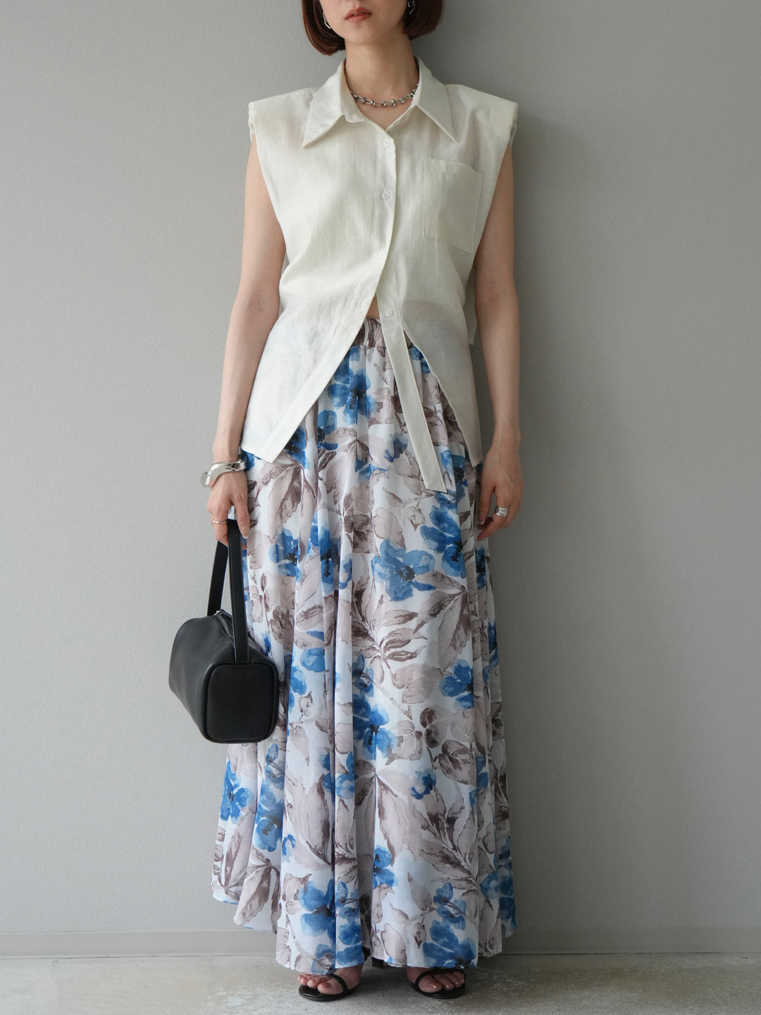 [予約]フラワープリントボリュームフレアスカート/ブルー