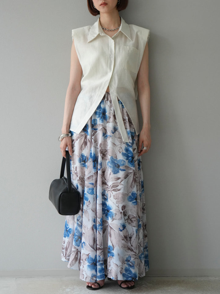 [予約]フラワープリントボリュームフレアスカート/ブルー