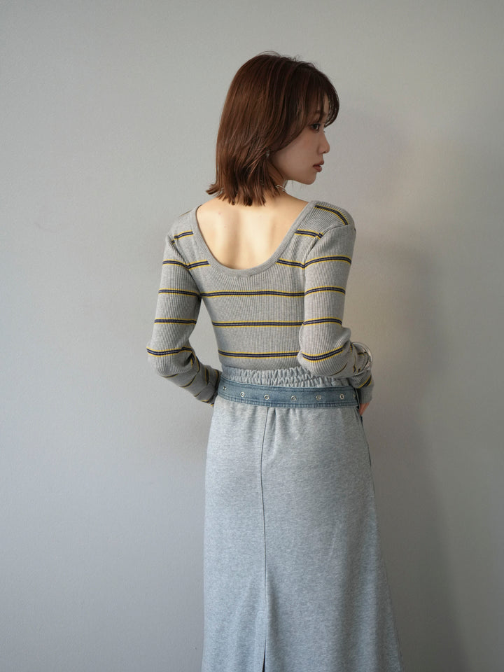 [予約]バックオープンボーダーテレコリブトップス/グレー