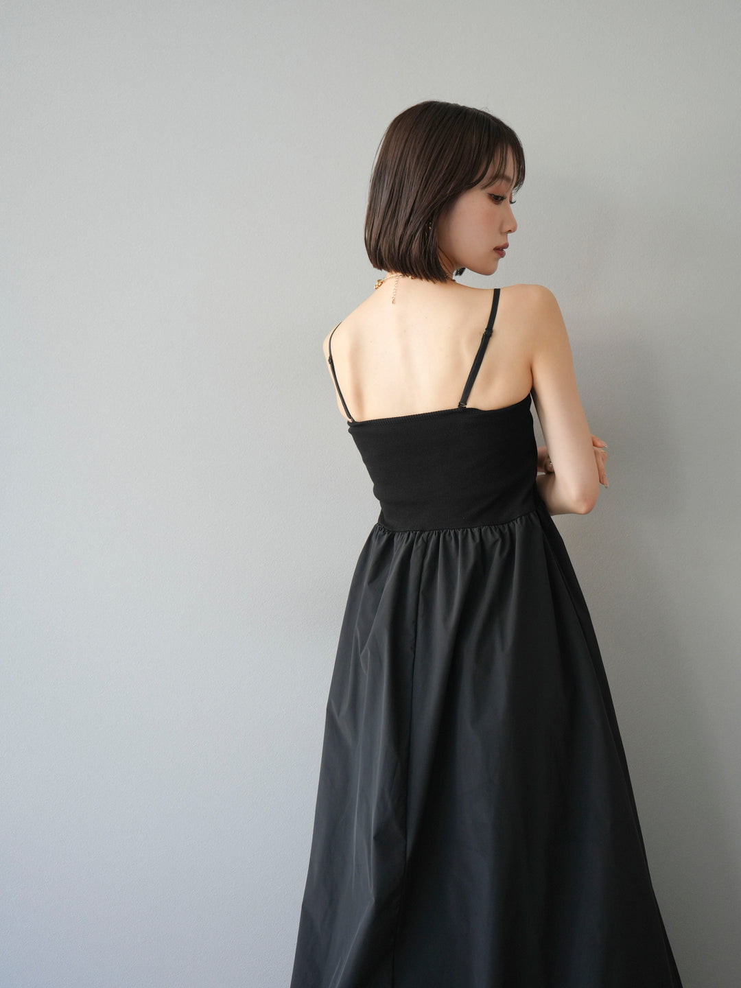 [予約]異素材ドッキングカップ付ベアキャミバルーンワンピース/ブラックブラック