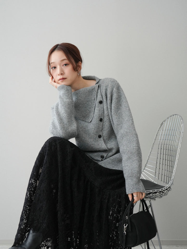 [SET]ハイネックデザインボタンニットカーディガン+起毛レースティアードスカート(2set)