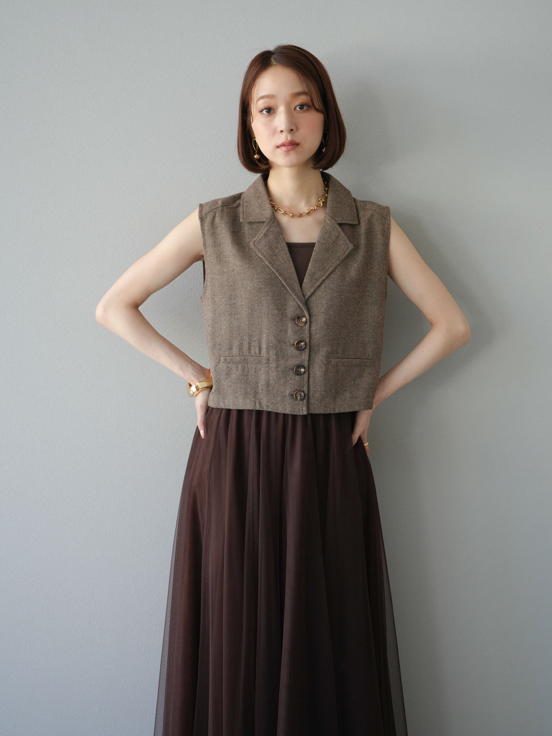 [予約]ツイードタッチテーラードジレ/ブラウン