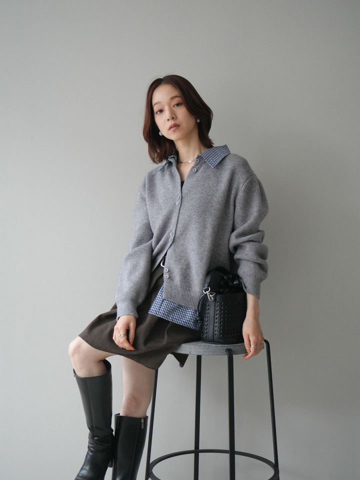 [SET]チェックシャツ襟ニットカーディガン+ベルト付きタックミニスカート(2set)