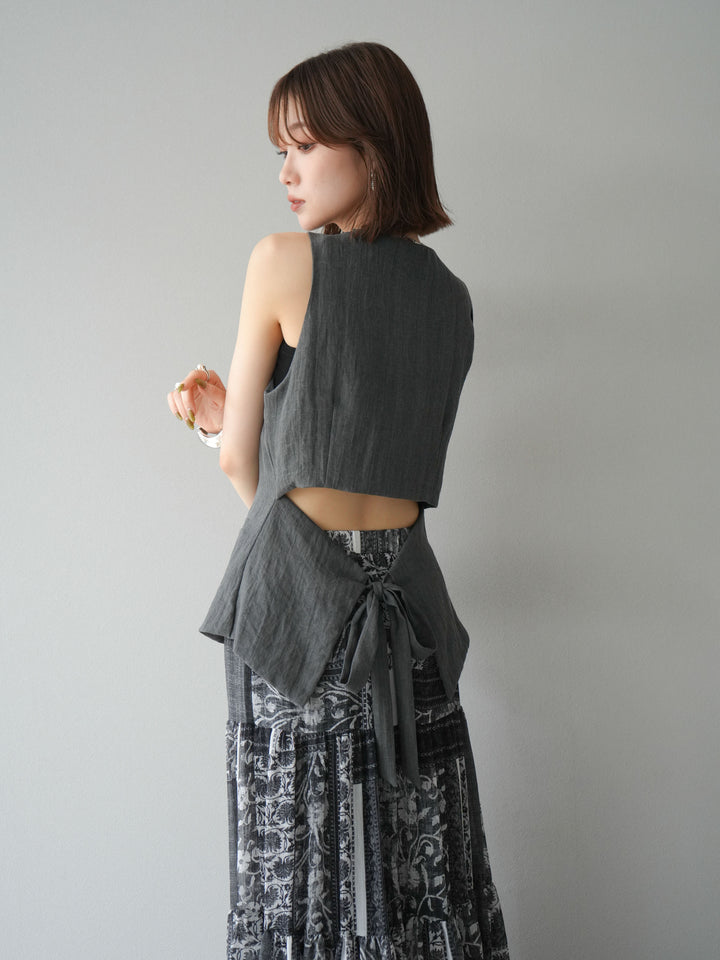 [SET]リネンタッチバックオープンベスト＆ニュアンス柄マキシスカートSET UP(2set)