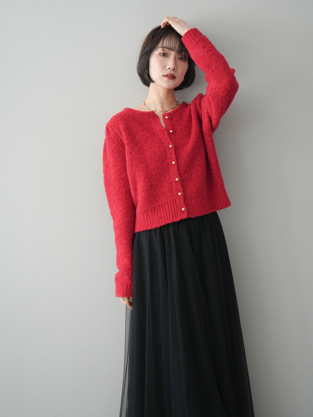 [SET]ゴールドボタンブークレニットカーディガン+チュールボリュームスカート(2set)