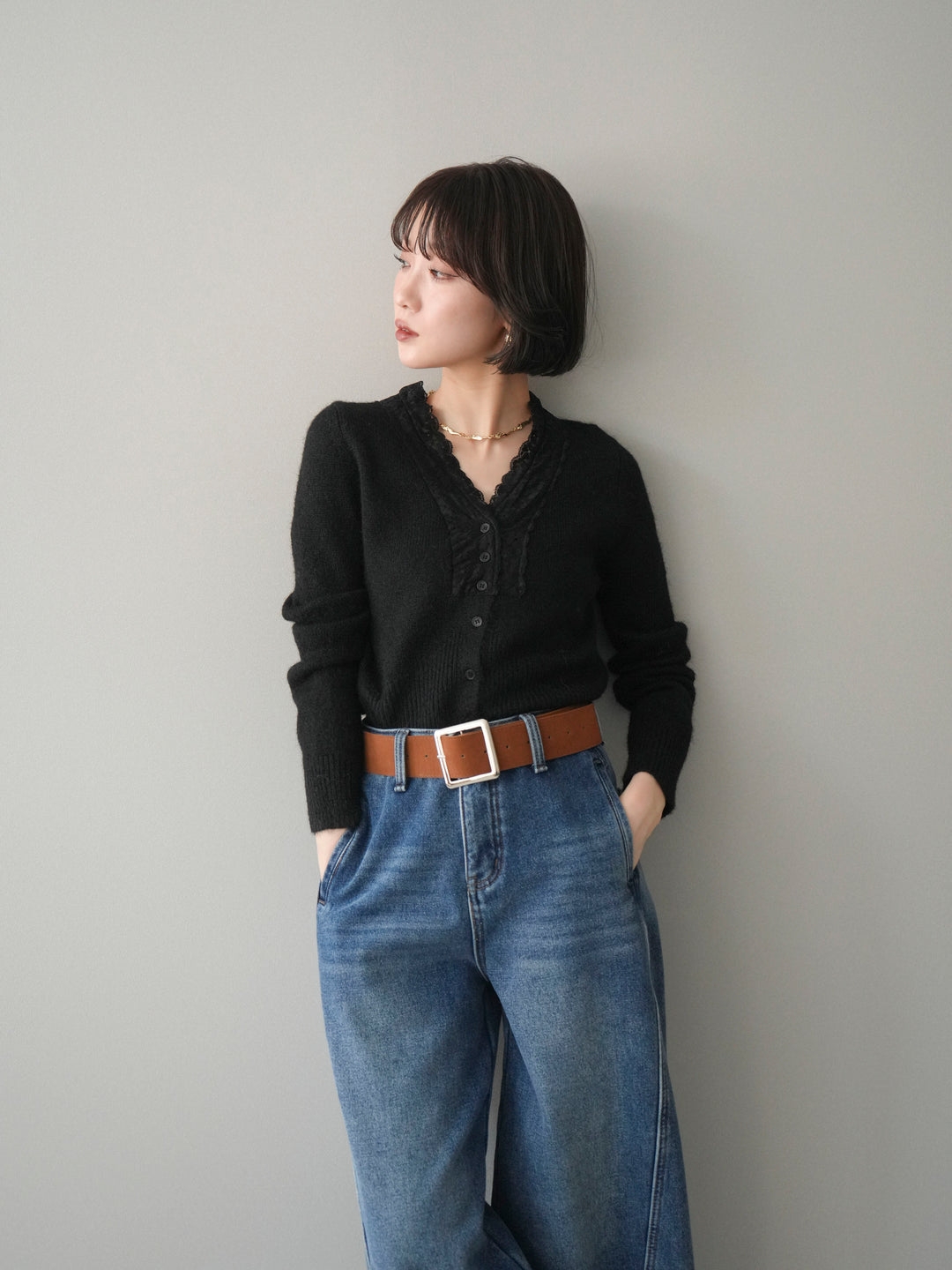 [SET]レースネックコンパクトニットカーディガン+選べるアクセセット(2set)