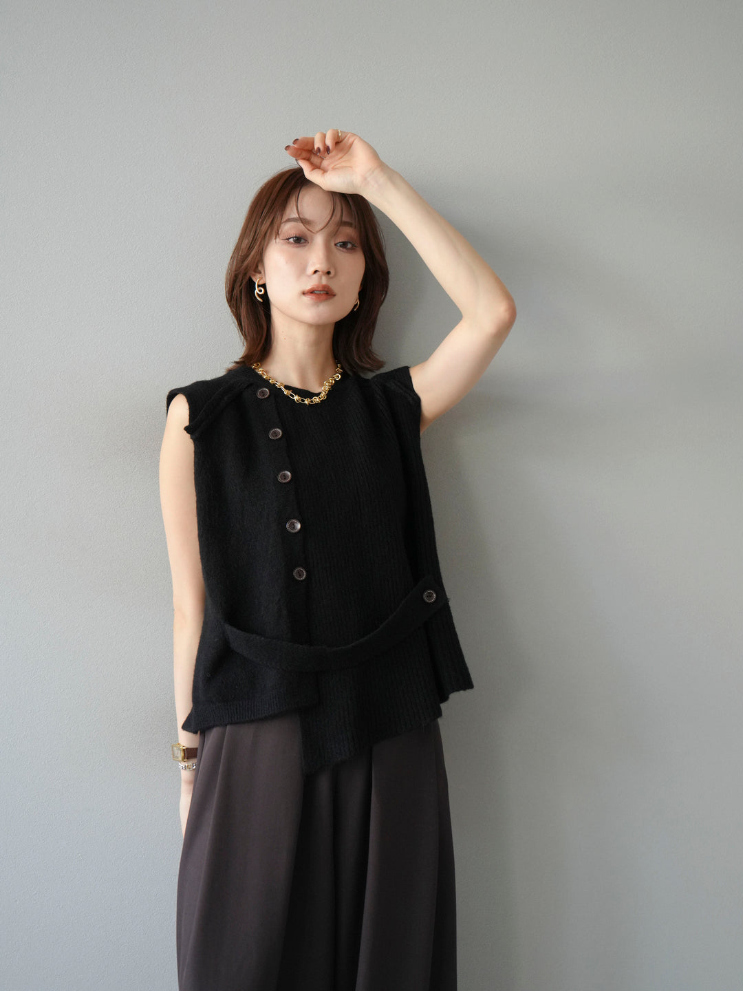 [予約]レイヤードボタンニットベスト/ブラック