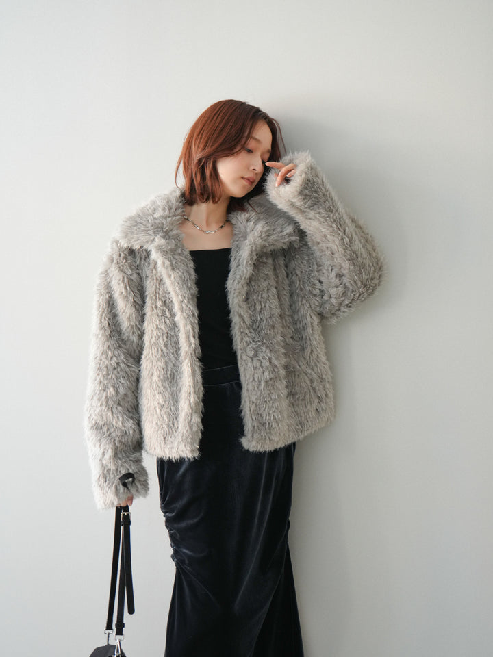 [SET]フェイクファー襟付きショートブルゾン+ギャザーベロアスカート(2set)