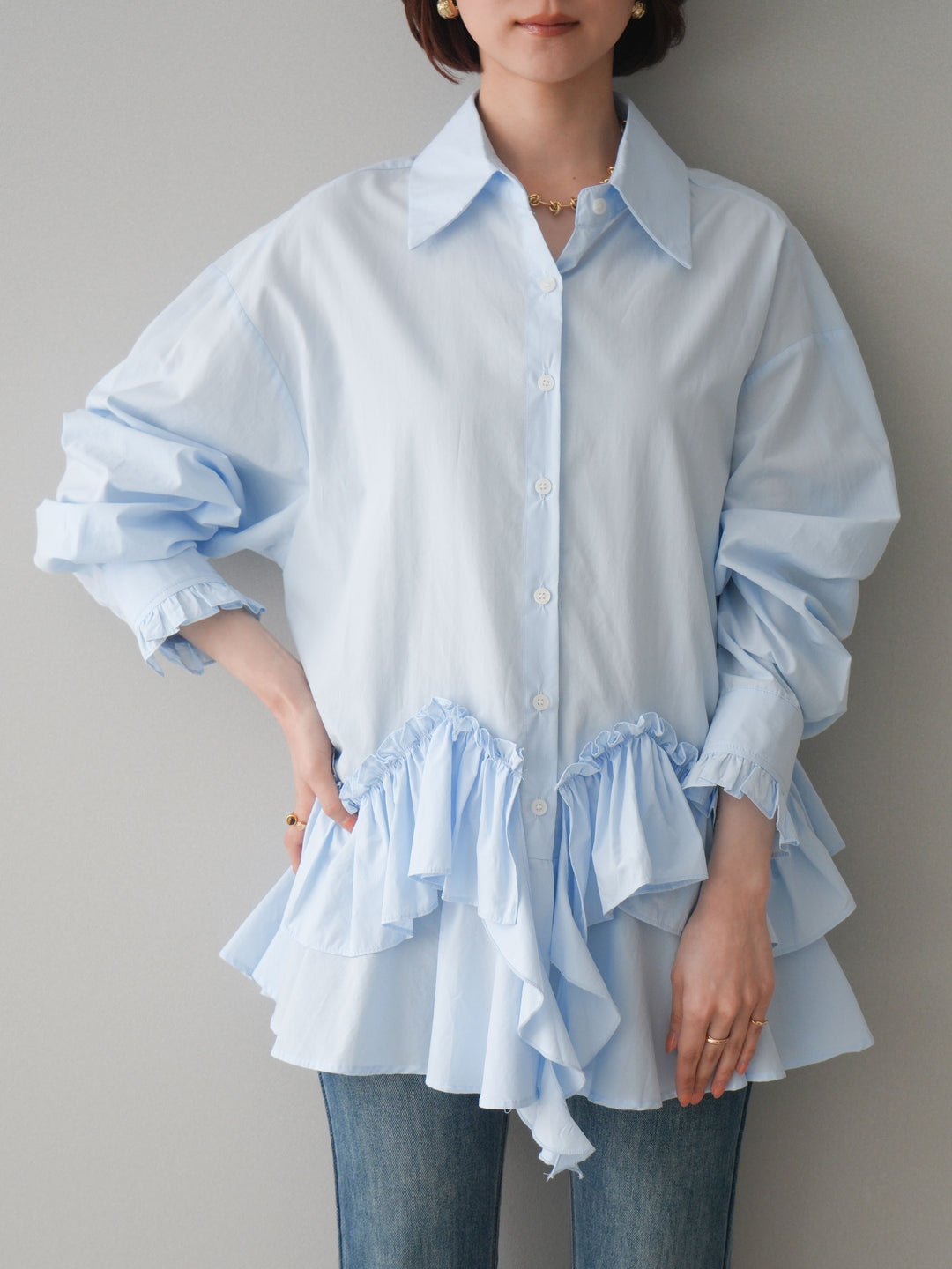 [SET]ラッフルデザインティアードブラウス+ハイウエストフレアデニムパンツ(2set)