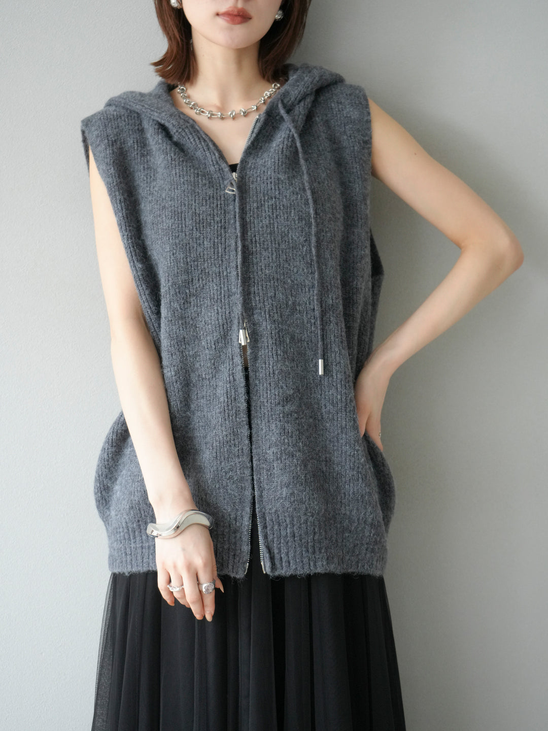 [予約]ノースリーブニットパーカー/グレー