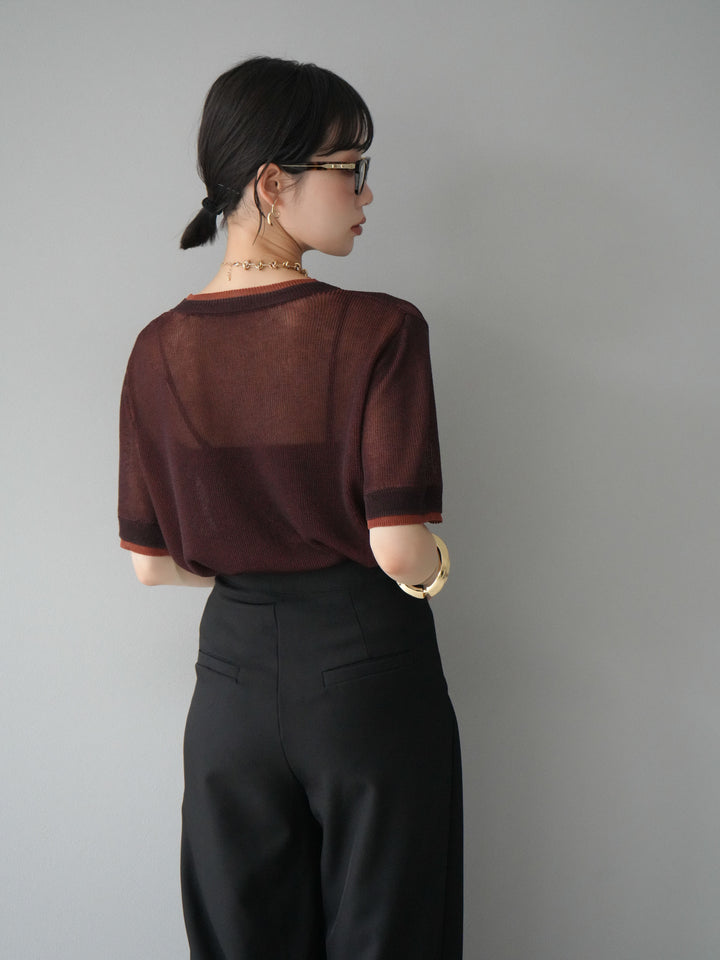 [SET]リネンタッチ配色二重臼ハーフニットトップス+ウエスト巻きデザインワイドパンツ(2set)