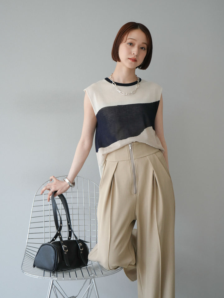 [SET]バイカラーシアーニットノースリーブ+ジップタックワイドパンツ(2set)