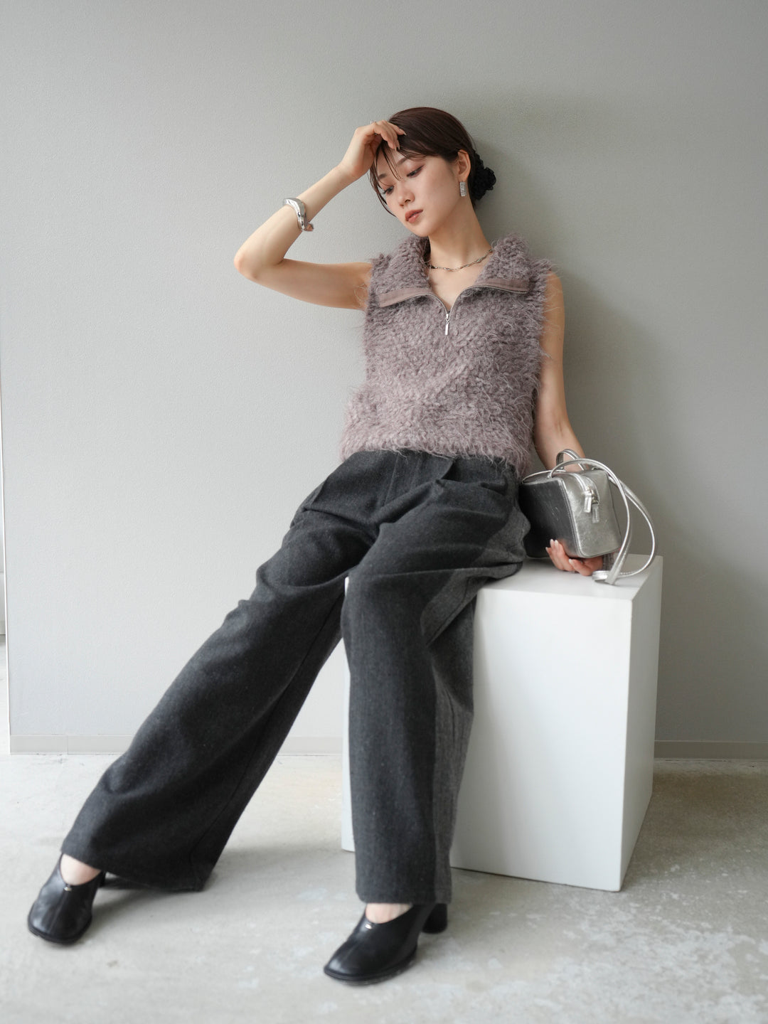 [予約]メランジブークレハーフジップニットベスト/モカ