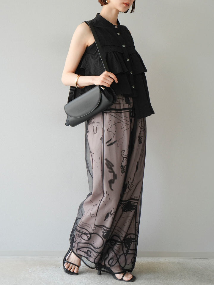 [SET]コード刺繍チュールレイヤードパンツ+ペイント柄タックパンツ(2set)