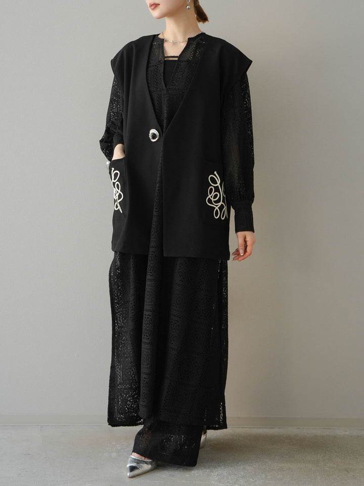 [予約]ブロックレースワイドパンツ/ブラック