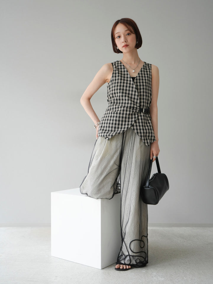 [SET]ベルトデザインバルーンブラウス+レースタックイージーパンツ+コード刺繍チュールレイヤードパンツ(3set)