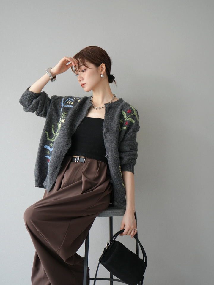 【預購】花朵刺繡針織開襟衫/炭灰色