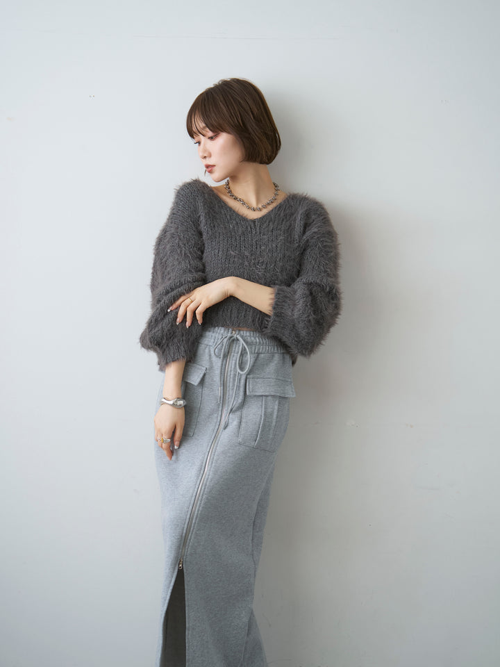 [SET]Vネックシャギークロップニットトップス+フロントZIPポケットデザインスウェットスカート(2set)