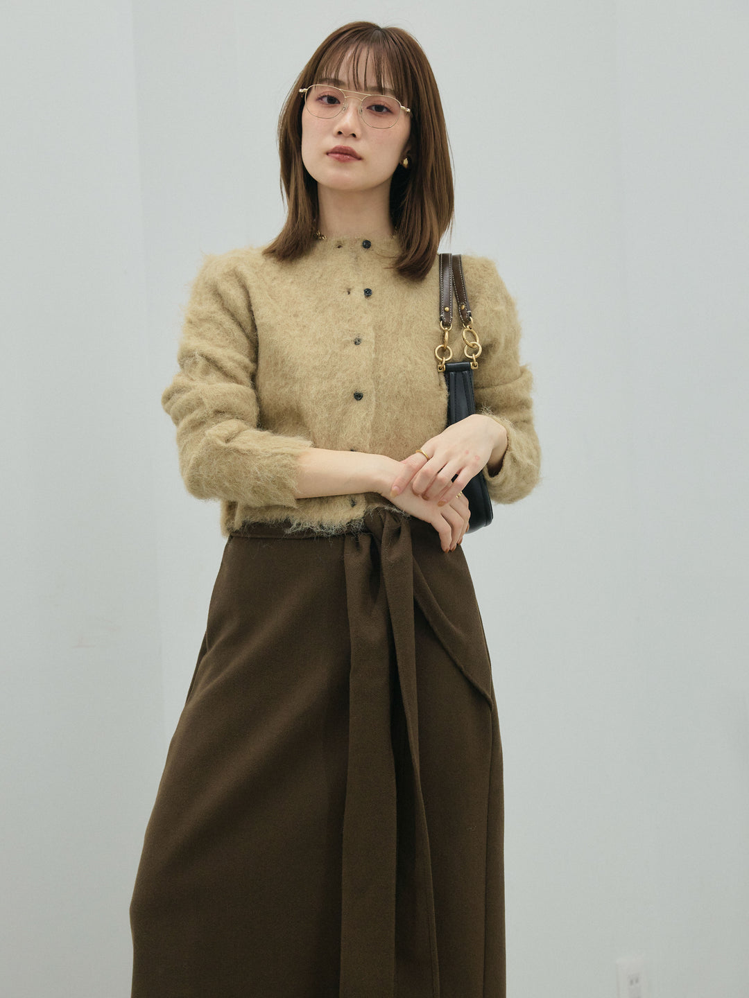 【Allure】[SET]モヘアタッチクロップドニットプルオーバー+ウールタッチウエスト巻きスカート(2set)