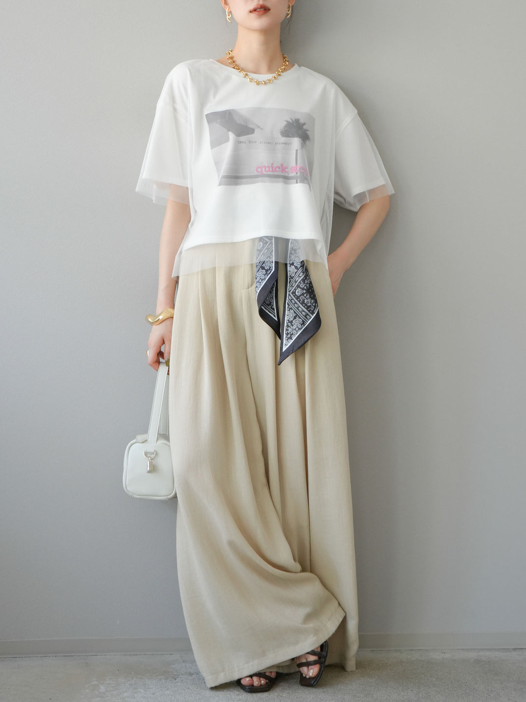 [予約]チュールドッキングフォトTシャツ/オフホワイト×ピンク