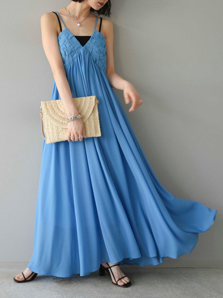 [予約]編み込みデザインシフォンワンピース/ブルー