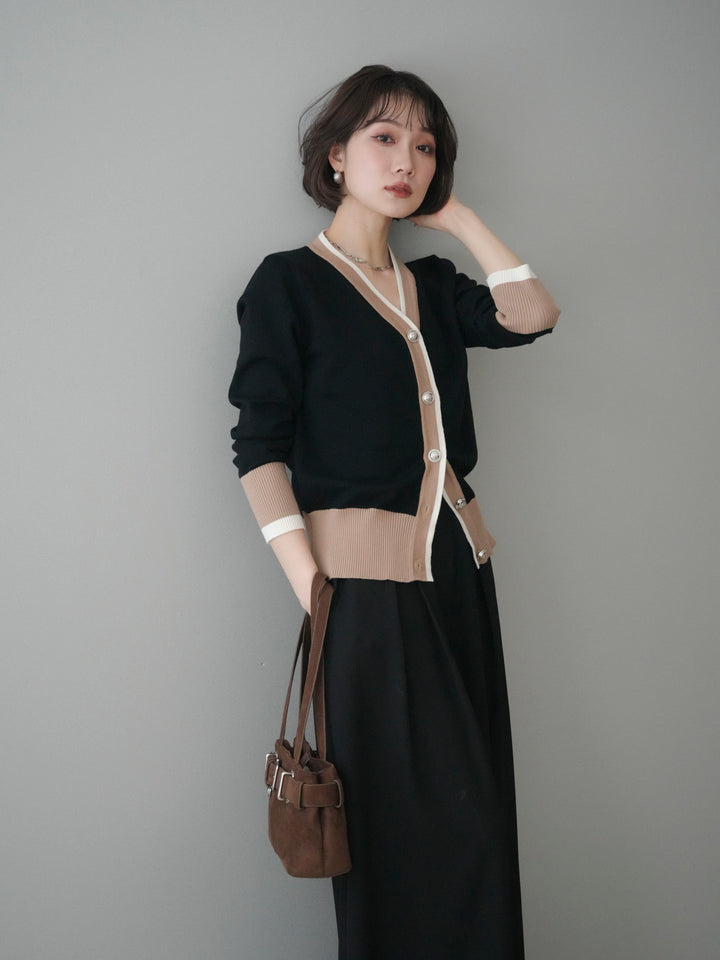 [SET]デザインボタン配色Vネックニットカーディガン+テープベルトタックバギーパンツ(2set)