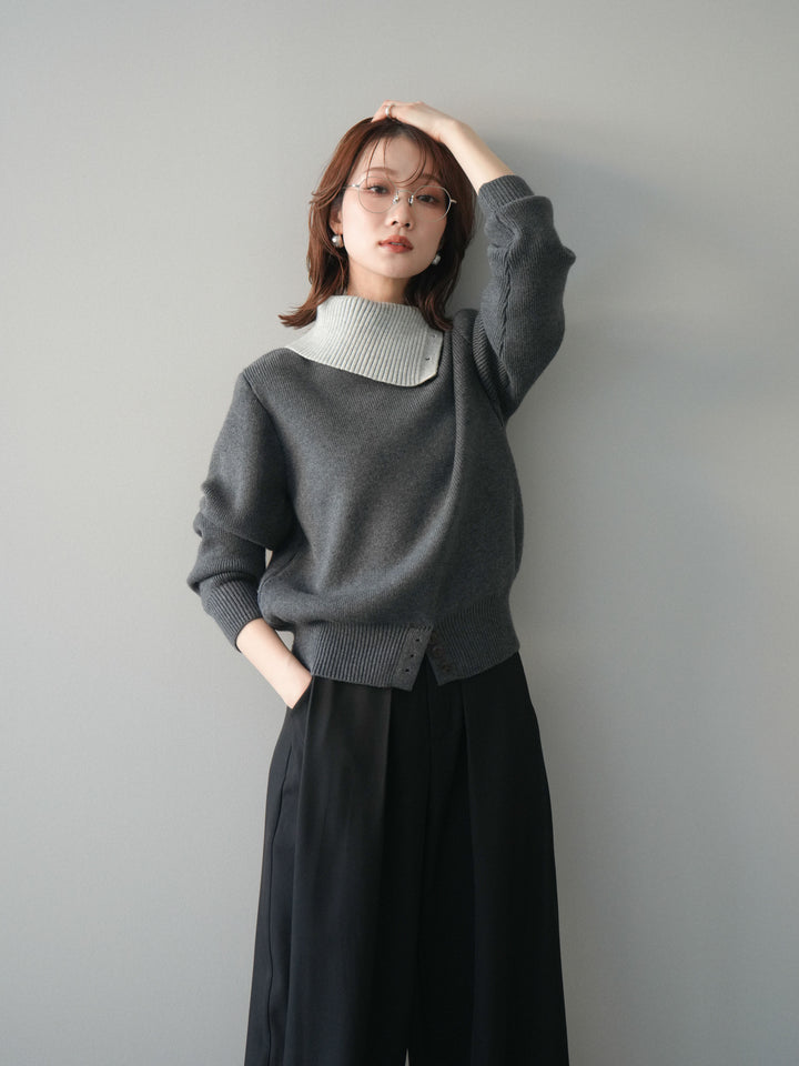 [予約]デザインネックバイカラーニットプルオーバー/charcoal
