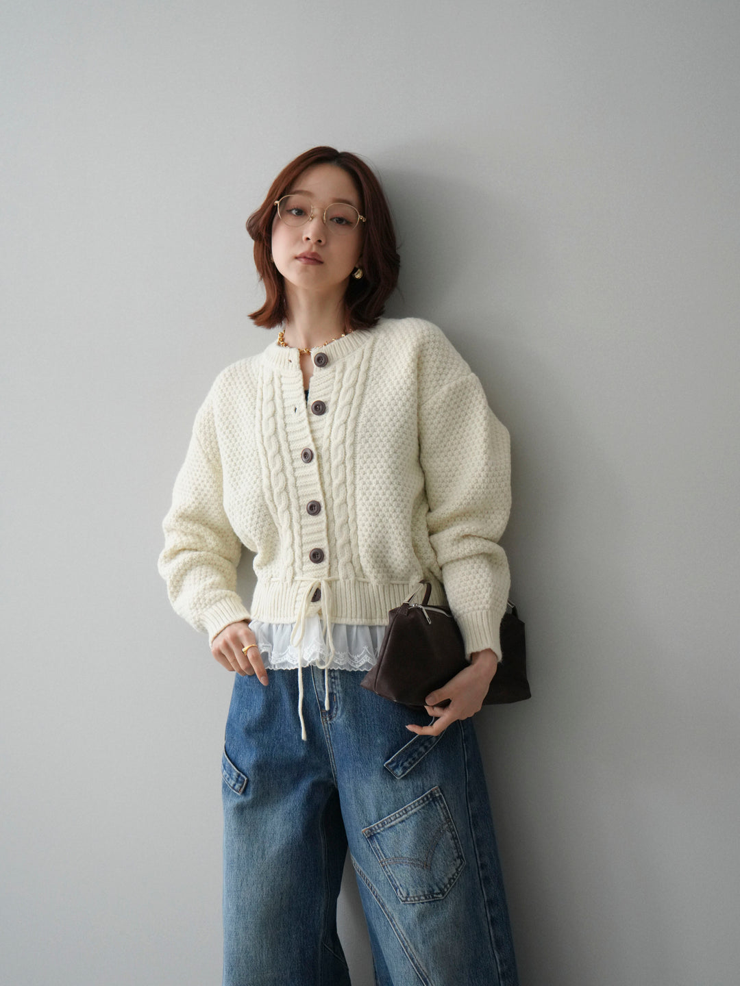 [SET]裾レースケーブルニットカーディガン+ペインターカーブデニムパンツ(2set)