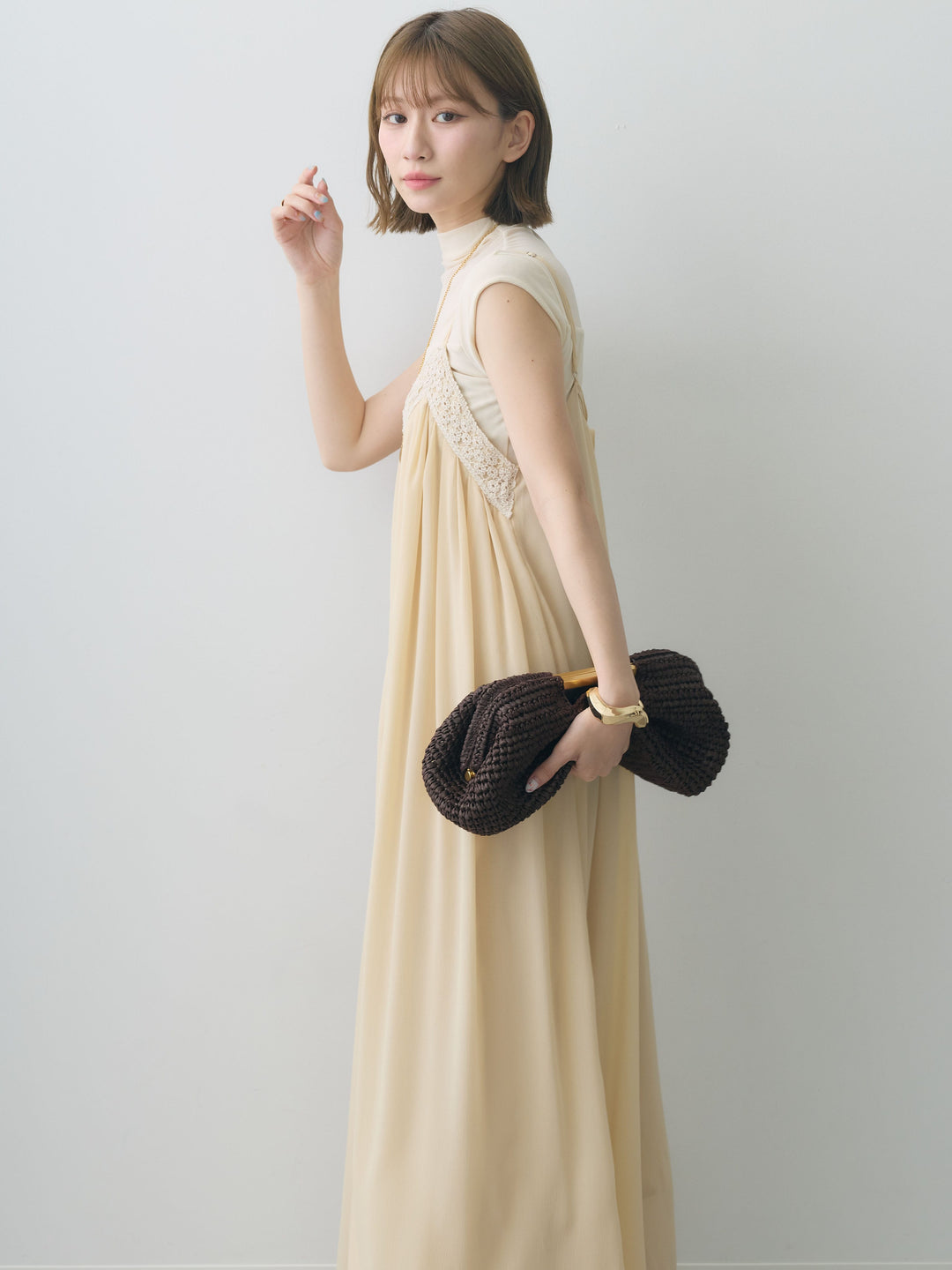 [SET]センタークロシェレースキャミワンピース+シアー切替ストレッチトップス(2set)