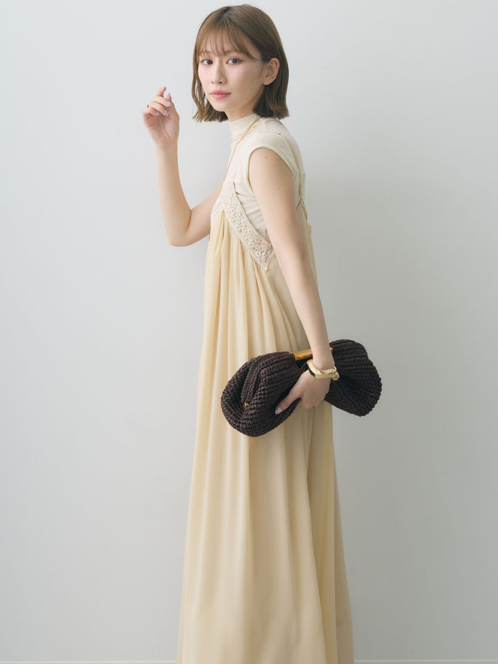 [SET]センタークロシェレースキャミワンピース+シアー切替ストレッチトップス(2set)