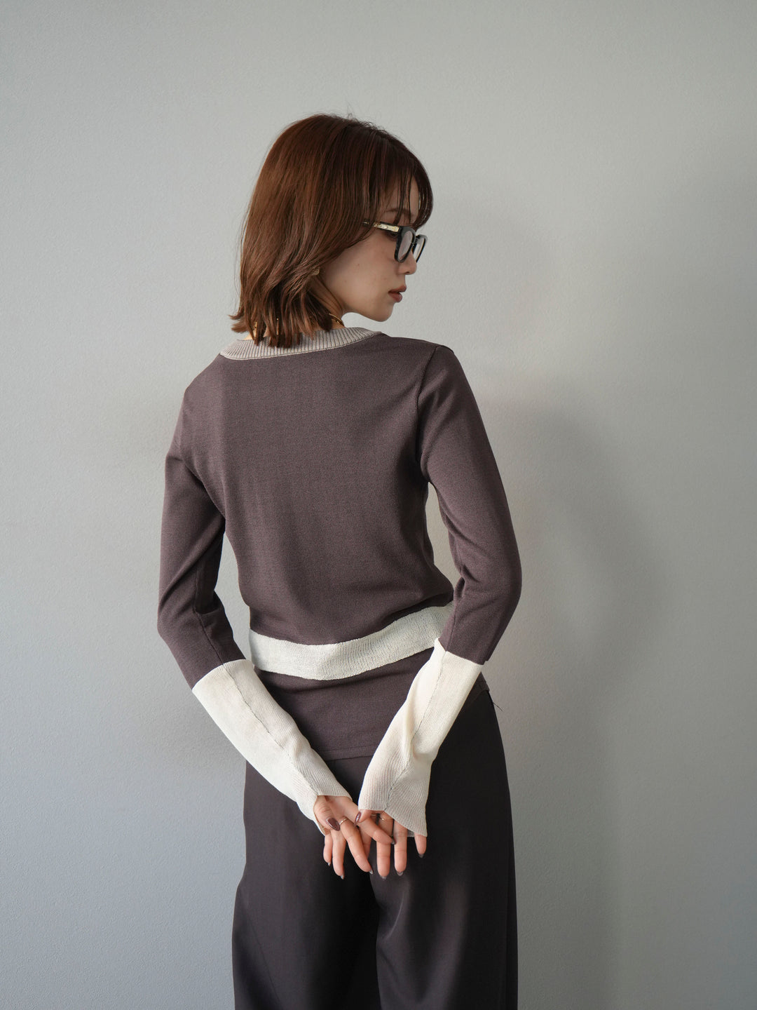 [予約]異素材配色デザインニットトップス/ブラウン