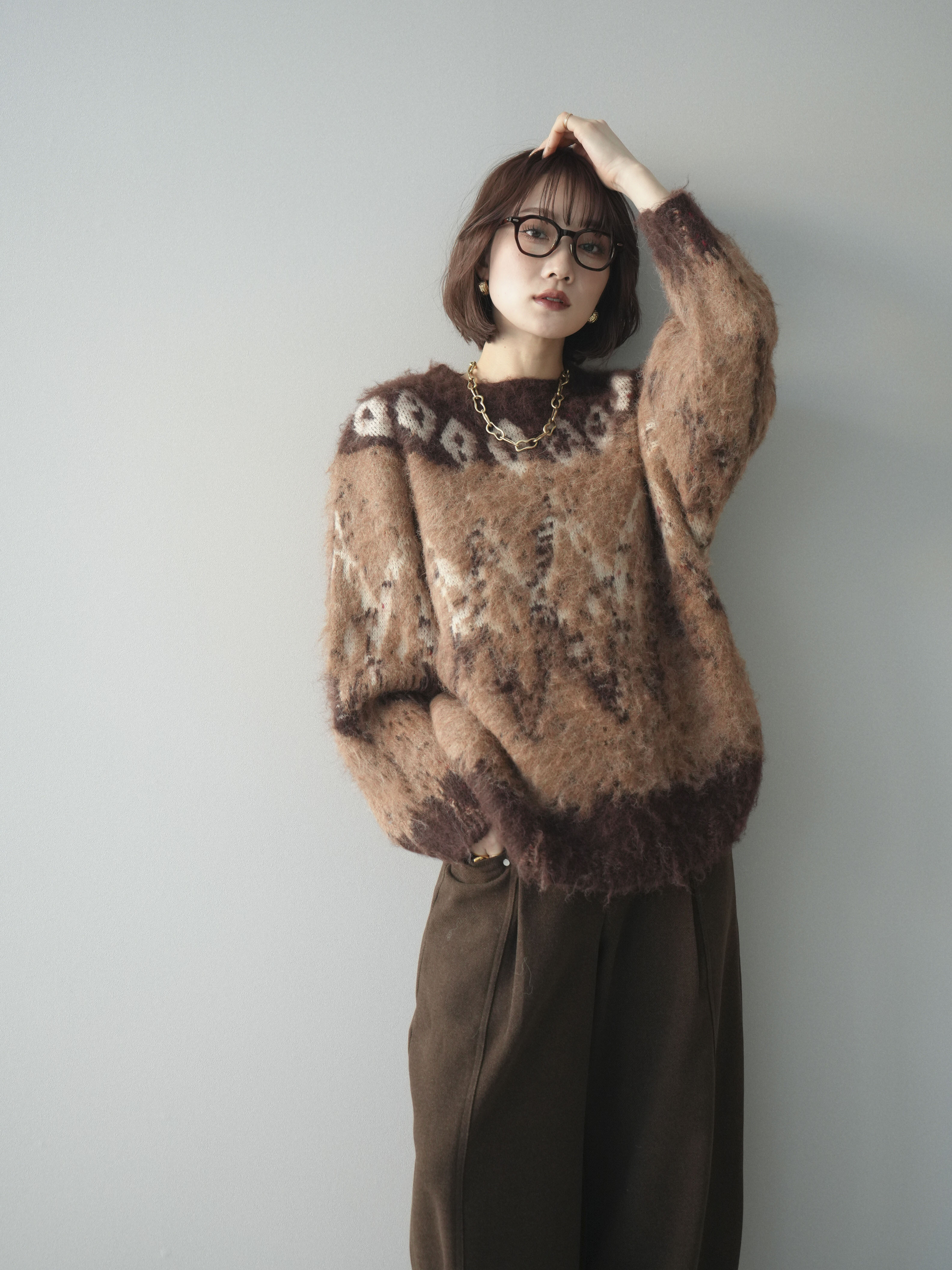 予約]シャギーニュアンス柄ニットプルオーバー/brown – Lumier