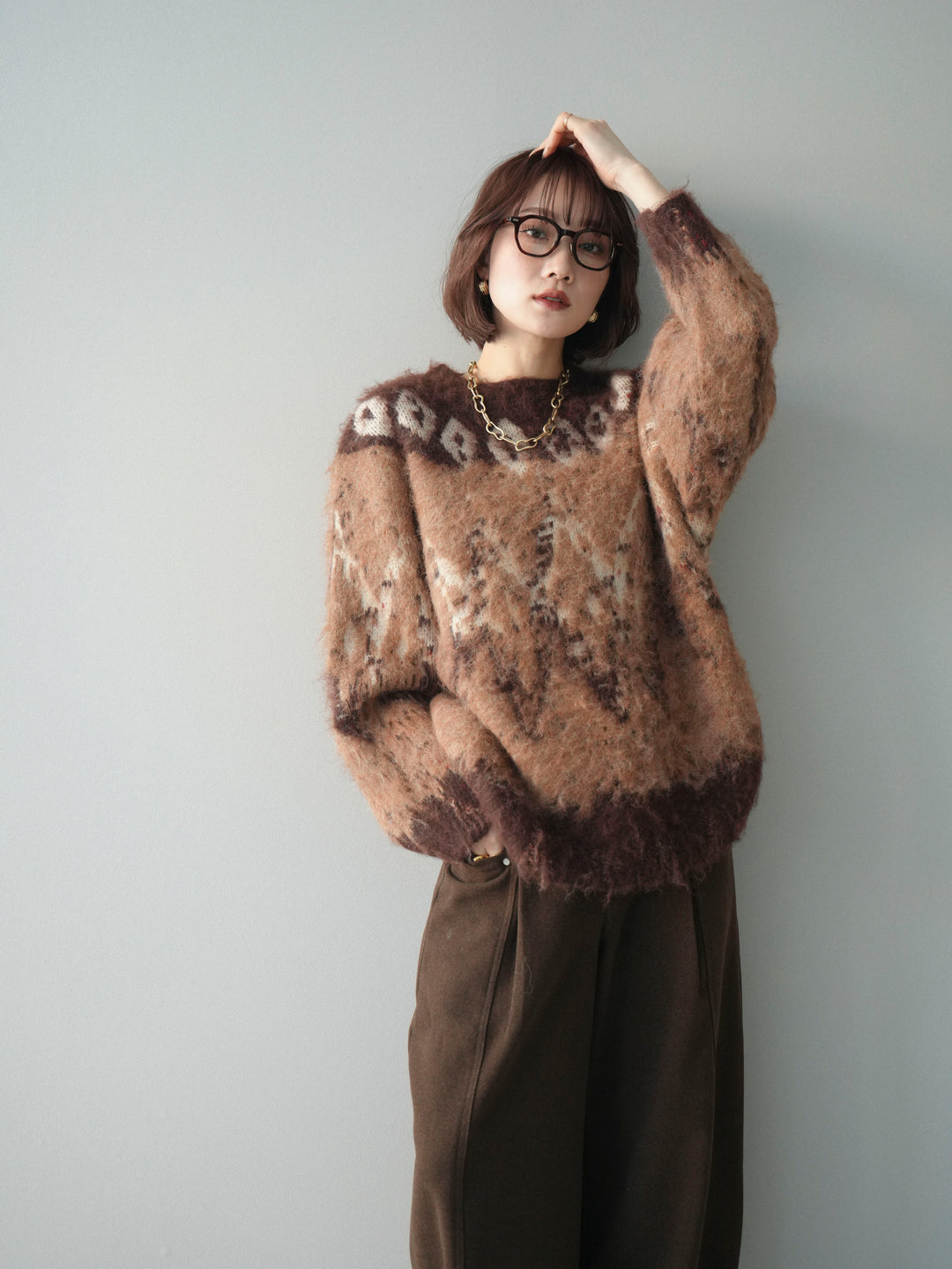 [予約]シャギーニュアンス柄ニットプルオーバー/brown