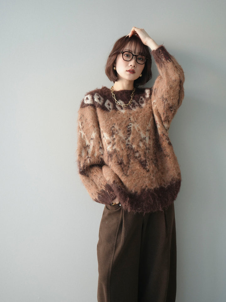 [予約]シャギーニュアンス柄ニットプルオーバー/brown