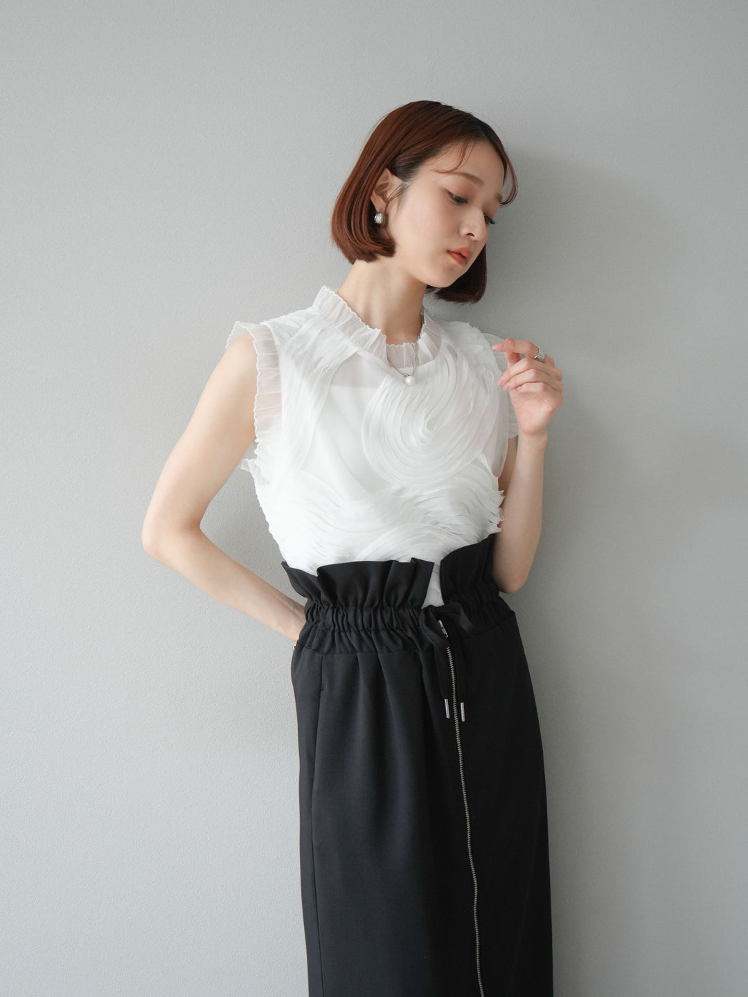 [SET]チュールジャガードノースリブラウス+ヘザーエステルギャザージップスカート(2set)