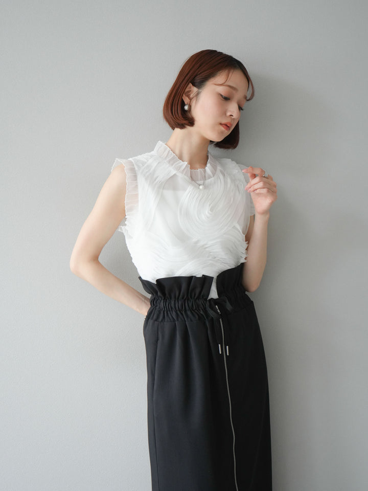 [SET]チュールジャガードノースリブラウス+ヘザーエステルギャザージップスカート(2set)