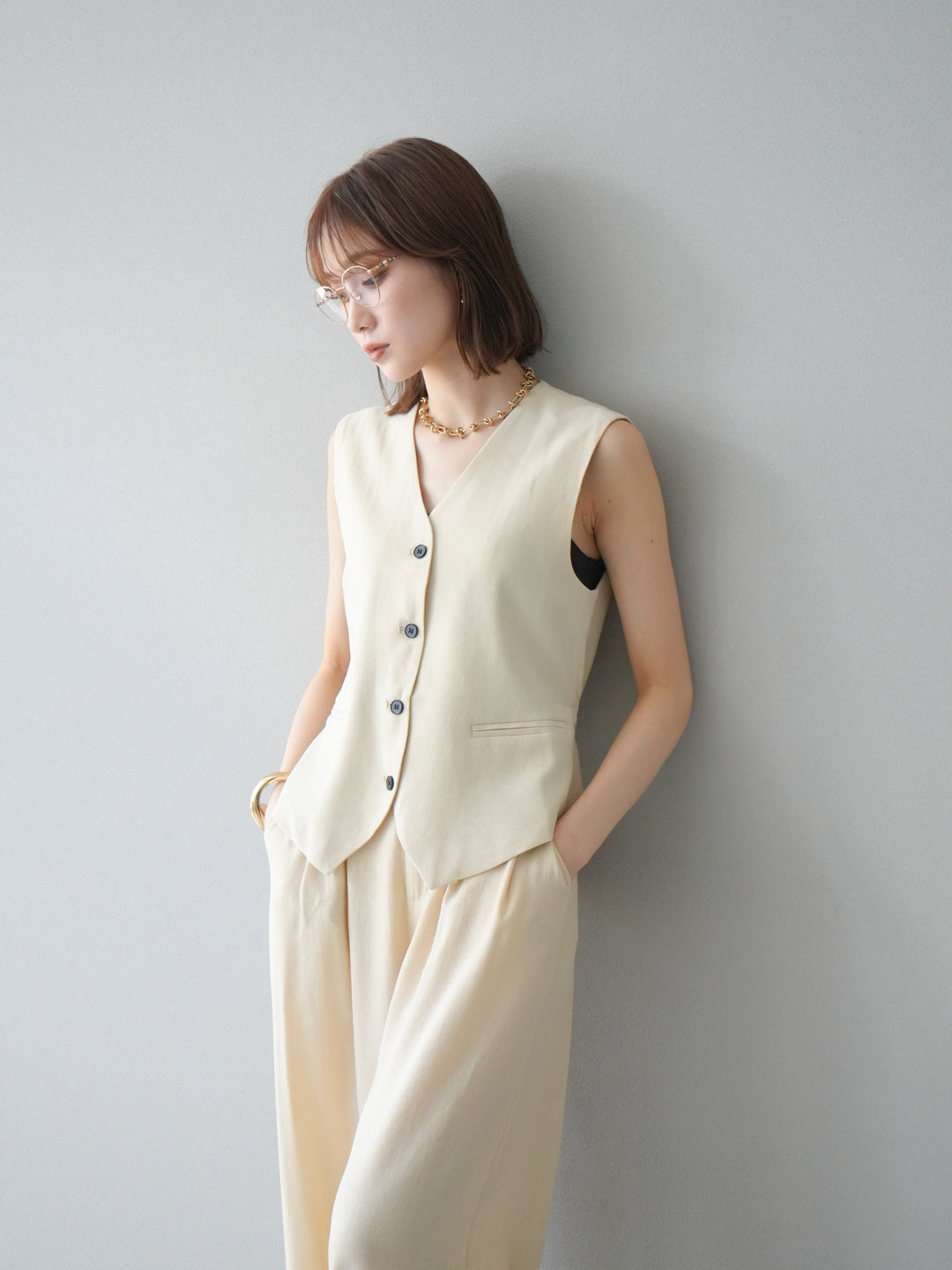 [SET]Vネックジレ＆ワイドパンツSET UP(2set)