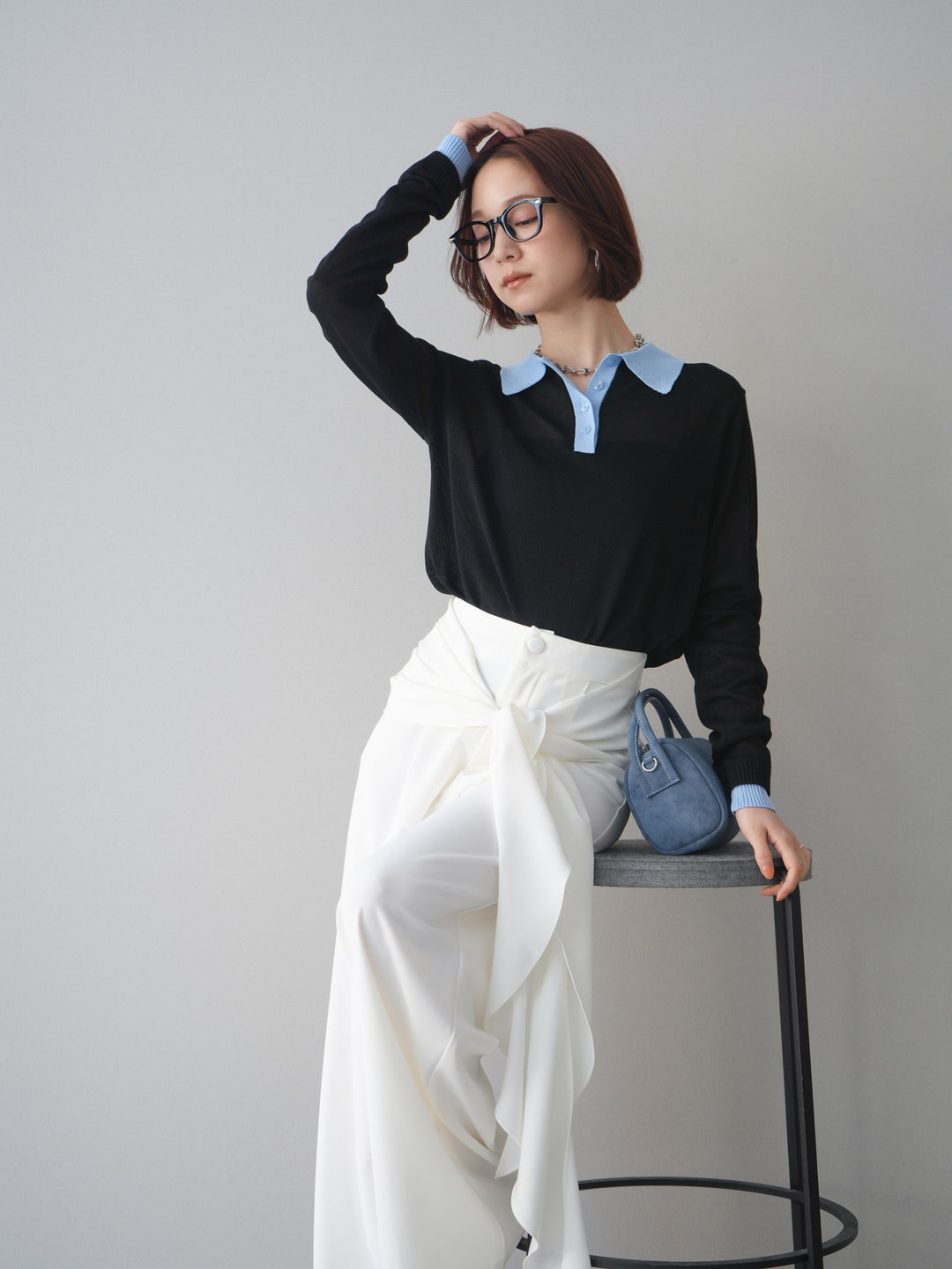 [SET]配色デザインシアーポロニット+ラッフルベルトワイドパンツ(2set)