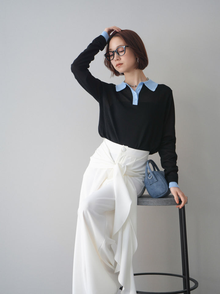 [SET]配色デザインシアーポロニット+ラッフルベルトワイドパンツ(2set)