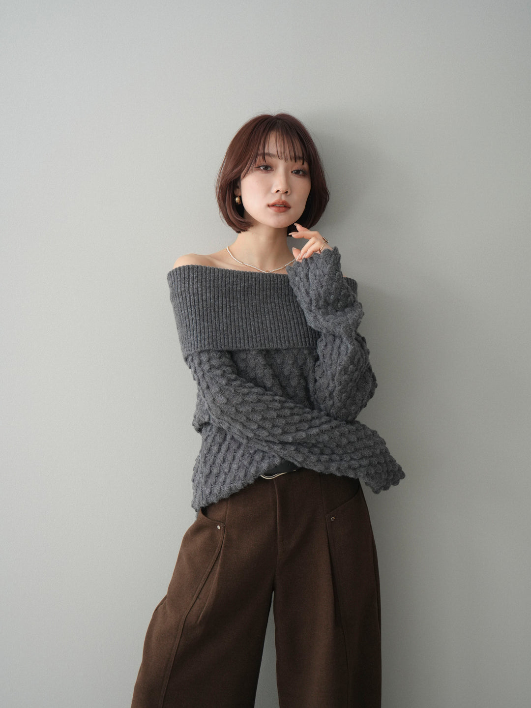 [予約]ポコポコ編みオフショルニットプルオーバー/gray